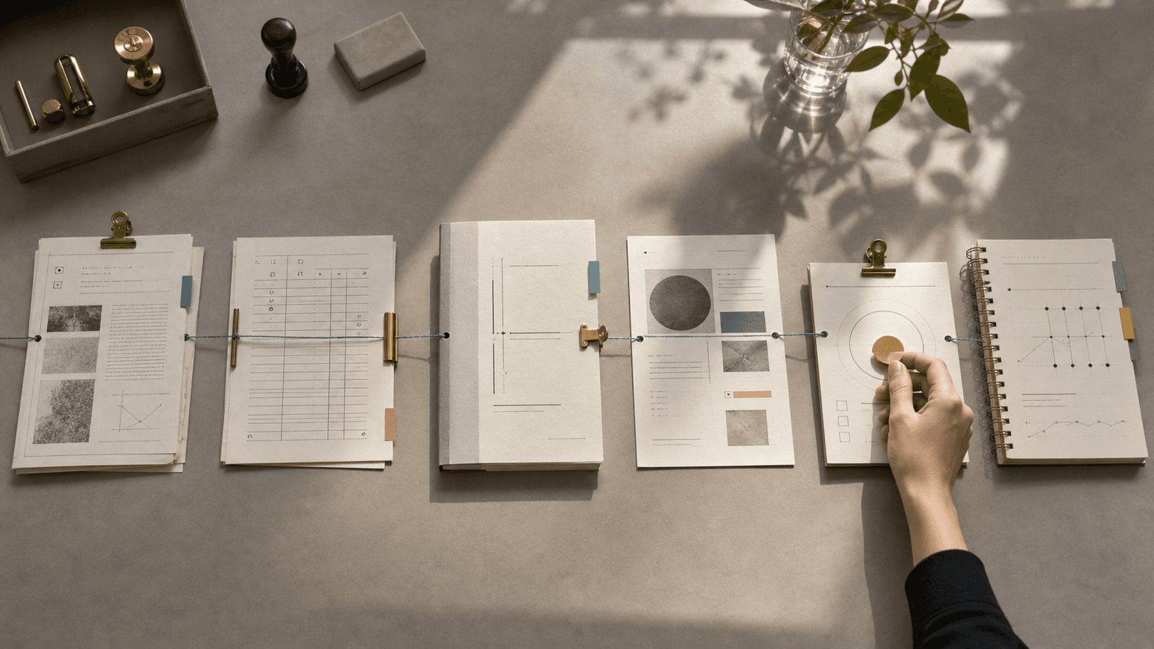 A human hand pauses at a brass approval marker while a cyan thread connects source packets, an editorial ledger, a visual brief, and a performance notebook