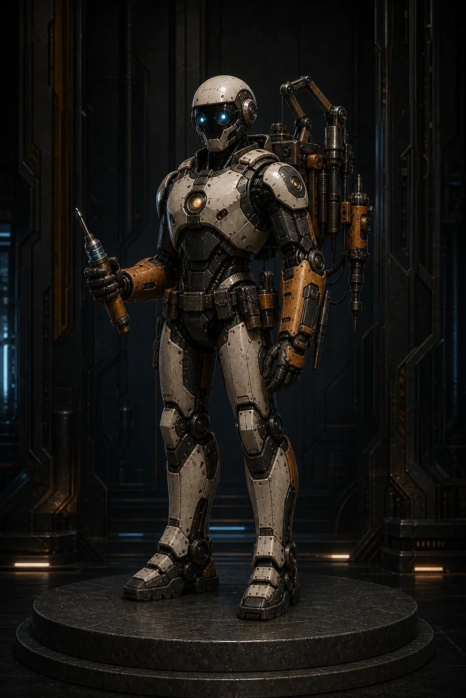 Rivet — Build Engineer, steel and orange articulated exosleeves