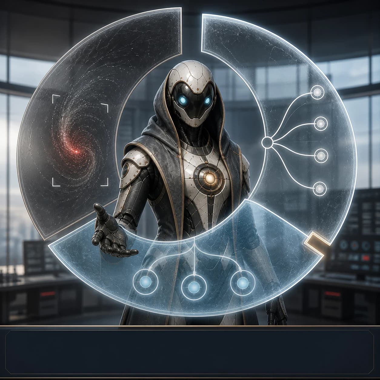 Aegis — Trust Conductor operating translucent shield halo through visible responsibility stages