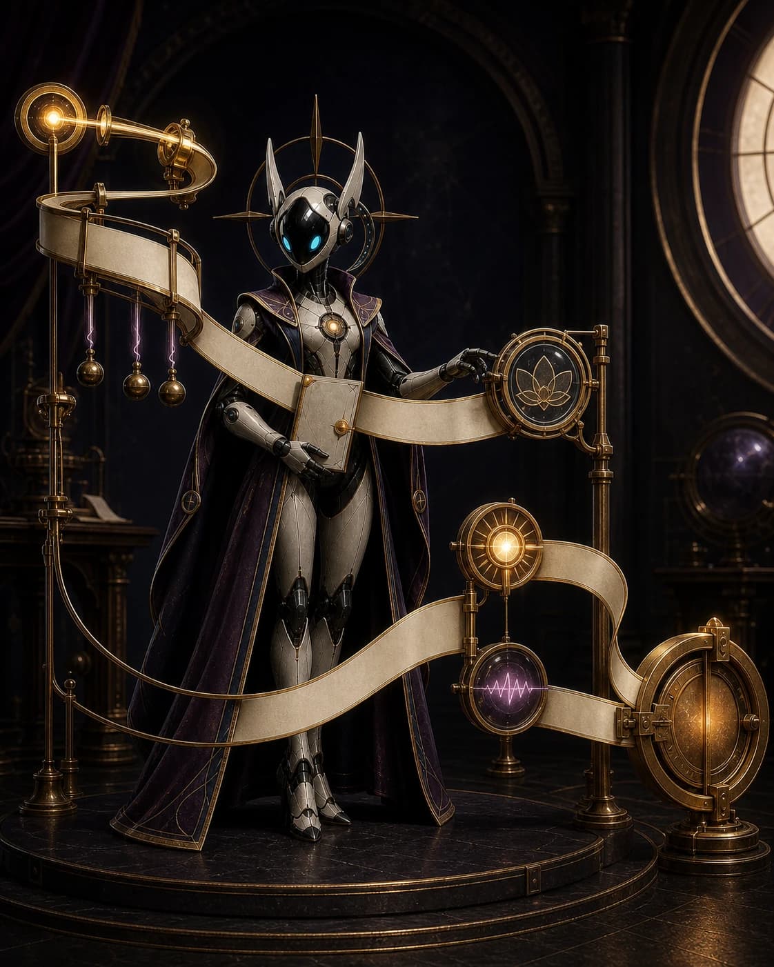 Aria — Story Architect operating floating manuscript ribbons through visible responsibility stages