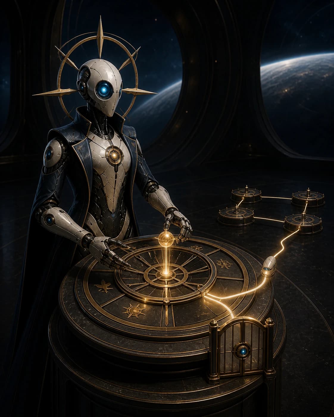 Astra — Sovereign Navigator operating gold star-compass halo through visible responsibility stages