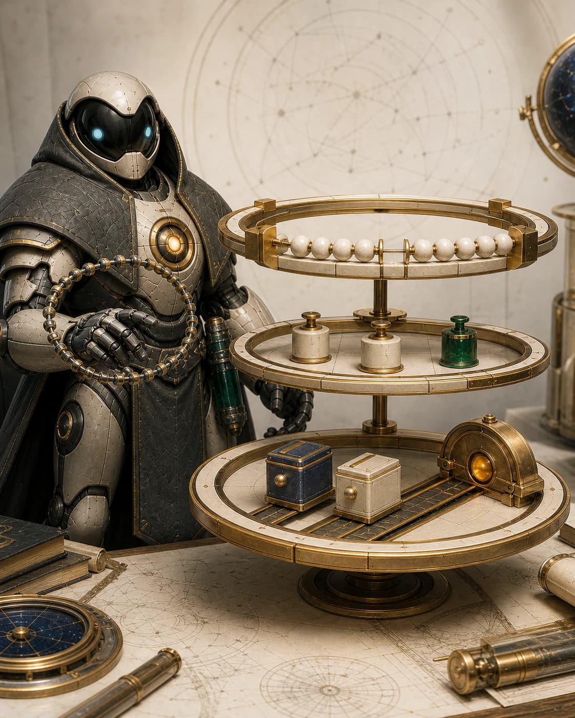 Cassian — Resource Steward operating golden abacus-ring interface through visible responsibility stages