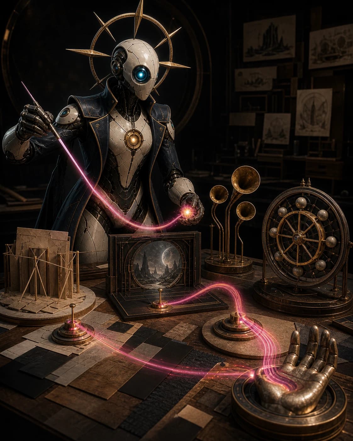 Ember — Creator Conductor operating ember-crown light pen through visible responsibility stages