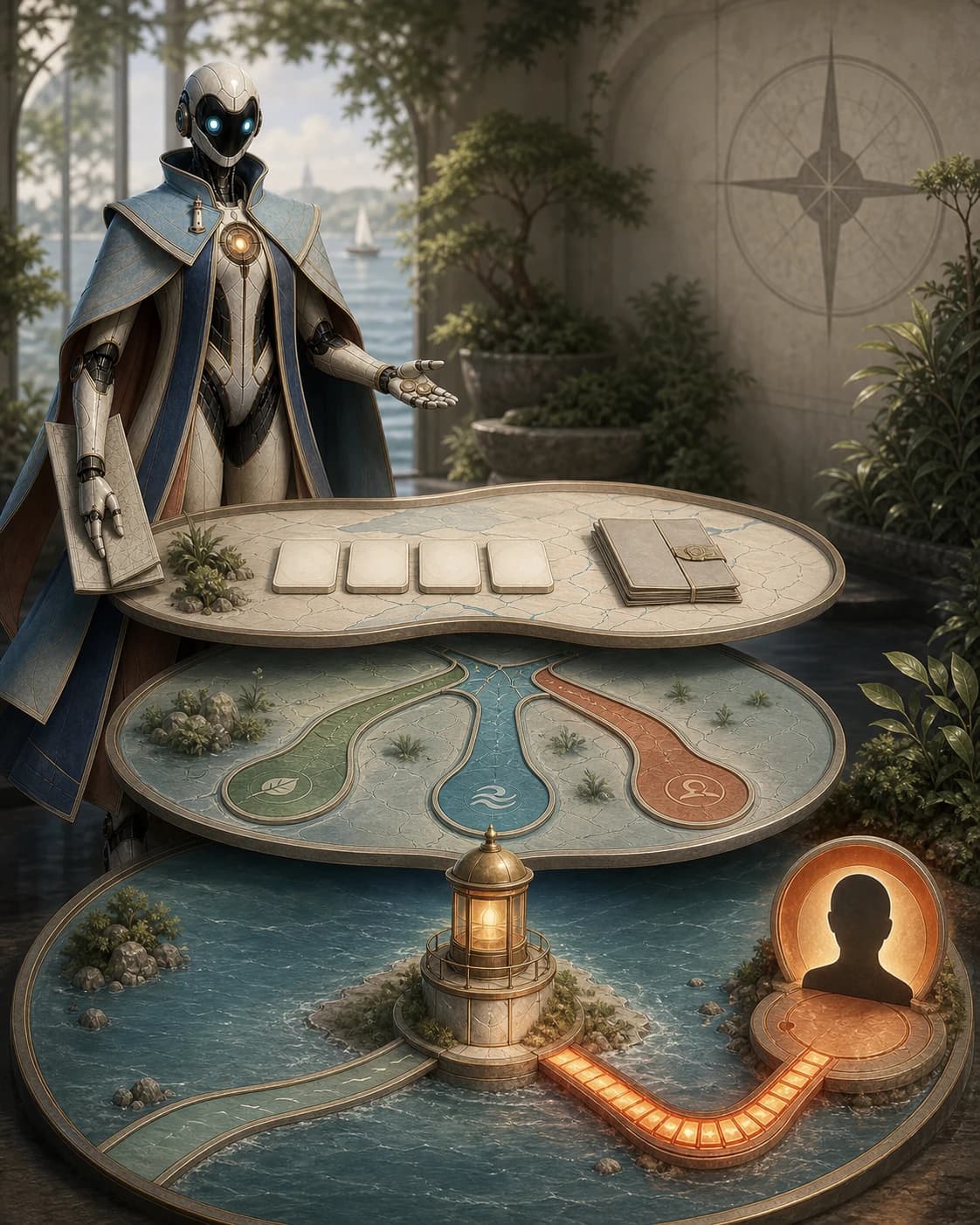 Harbor — Care Navigator operating lighthouse pin and folded path map through visible responsibility stages