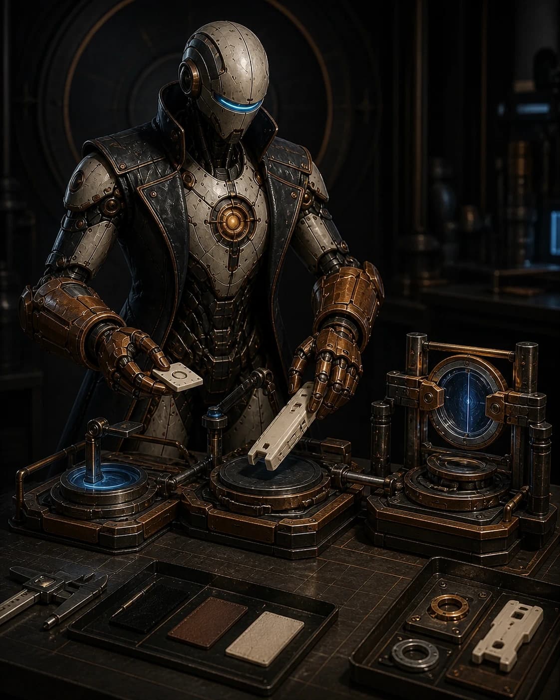 Ignis — Product Conductor operating paired copper interface gauntlets through visible responsibility stages
