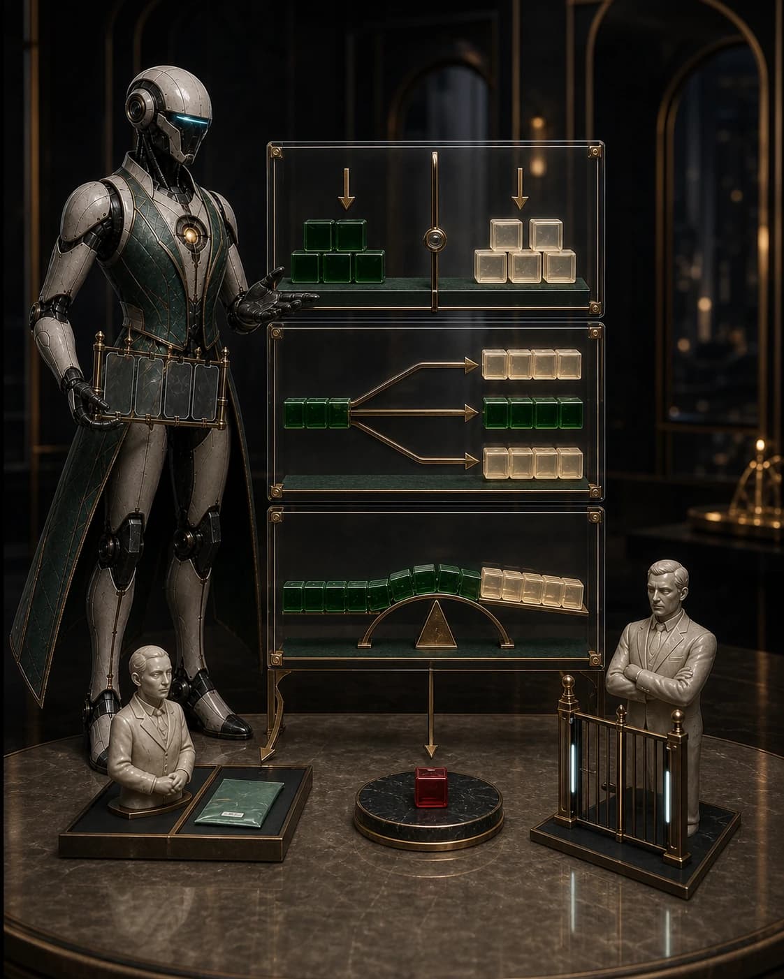 Ledger — Unit Economist operating stack of transparent ledger tiles through visible responsibility stages