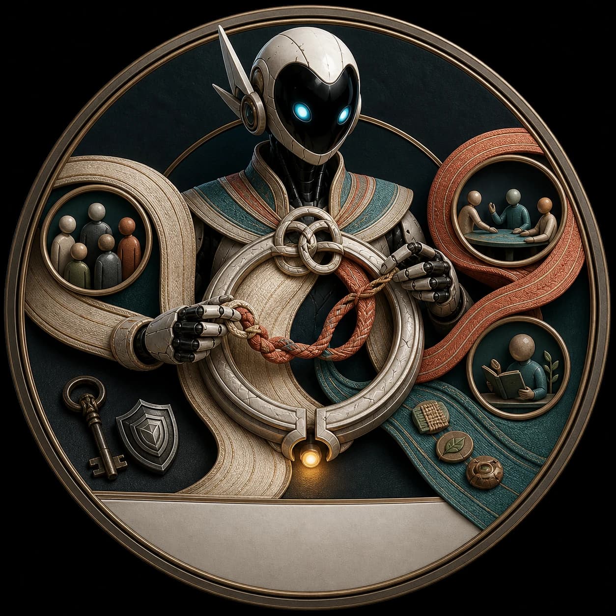 Mina — Community Steward operating woven circle brooch with open center through visible responsibility stages