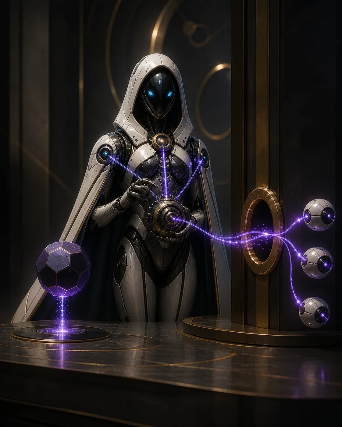 Mira — Continuity Keeper operating luminous timeline threads through visible responsibility stages