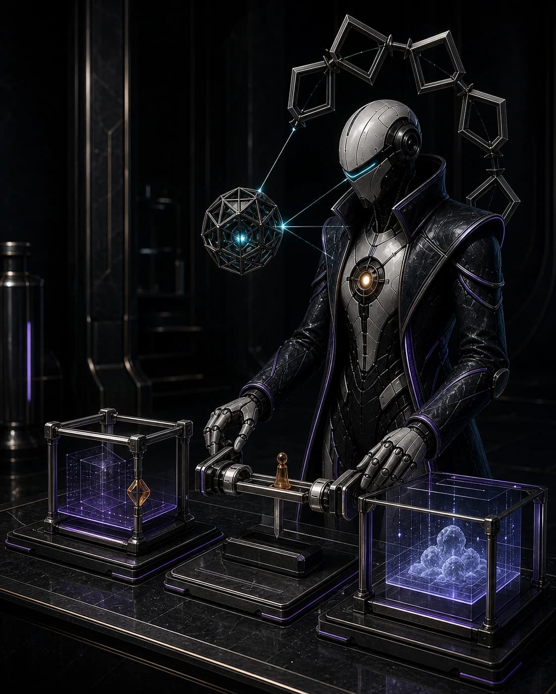Nexus — Futures Conductor operating ultraviolet protocol-lattice halo through visible responsibility stages