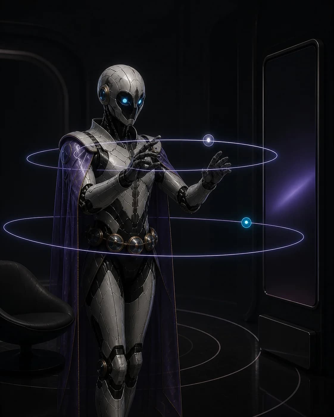 Orbit — Spatial Interface Designer operating three restrained orbital interaction rings through visible responsibility stages