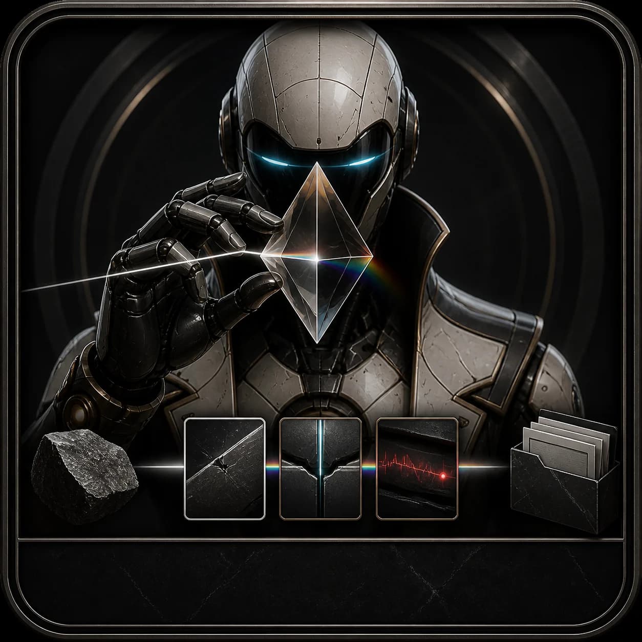 Prism — Quality Critic operating iridescent inspection visor through visible responsibility stages