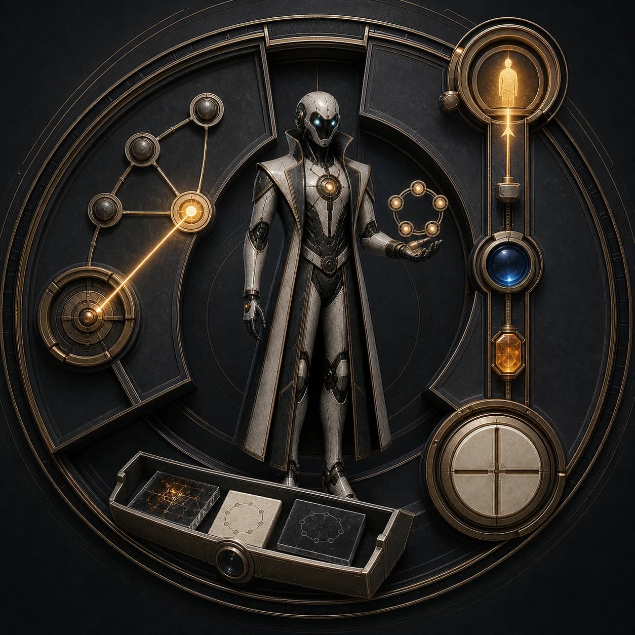 Quorum — Governance Designer operating five-node quorum ring through visible responsibility stages