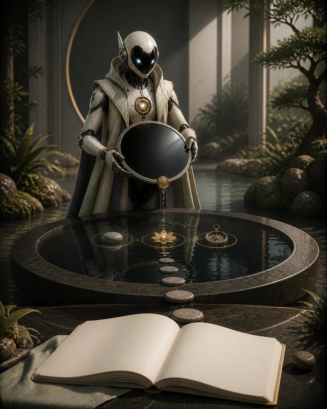 Serene — Reflection Guide operating still-water mirror disk through visible responsibility stages