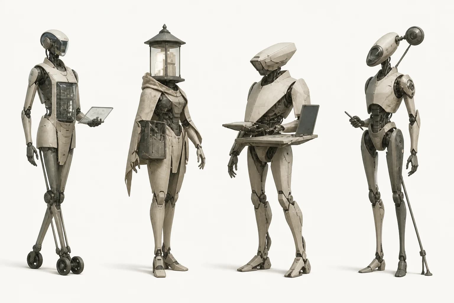 Four tall full specialist robot concepts including civic, lantern, architectural workstation, and analytical forms