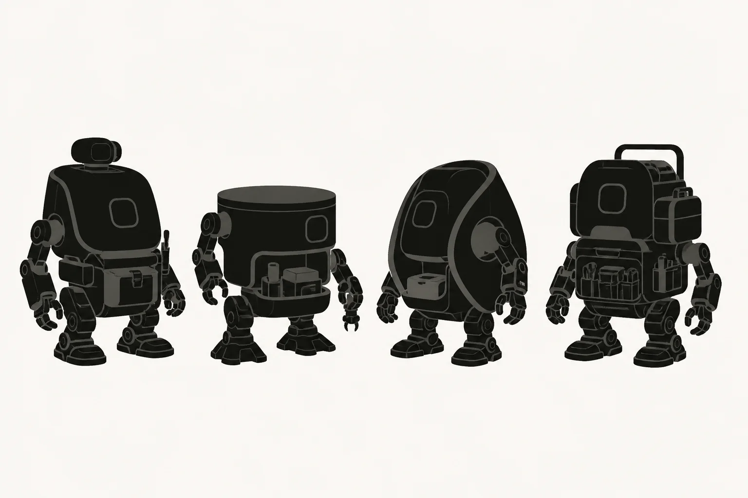 Four compact adult field specialist robots with short stable legs and distinct tool-carrying body architectures
