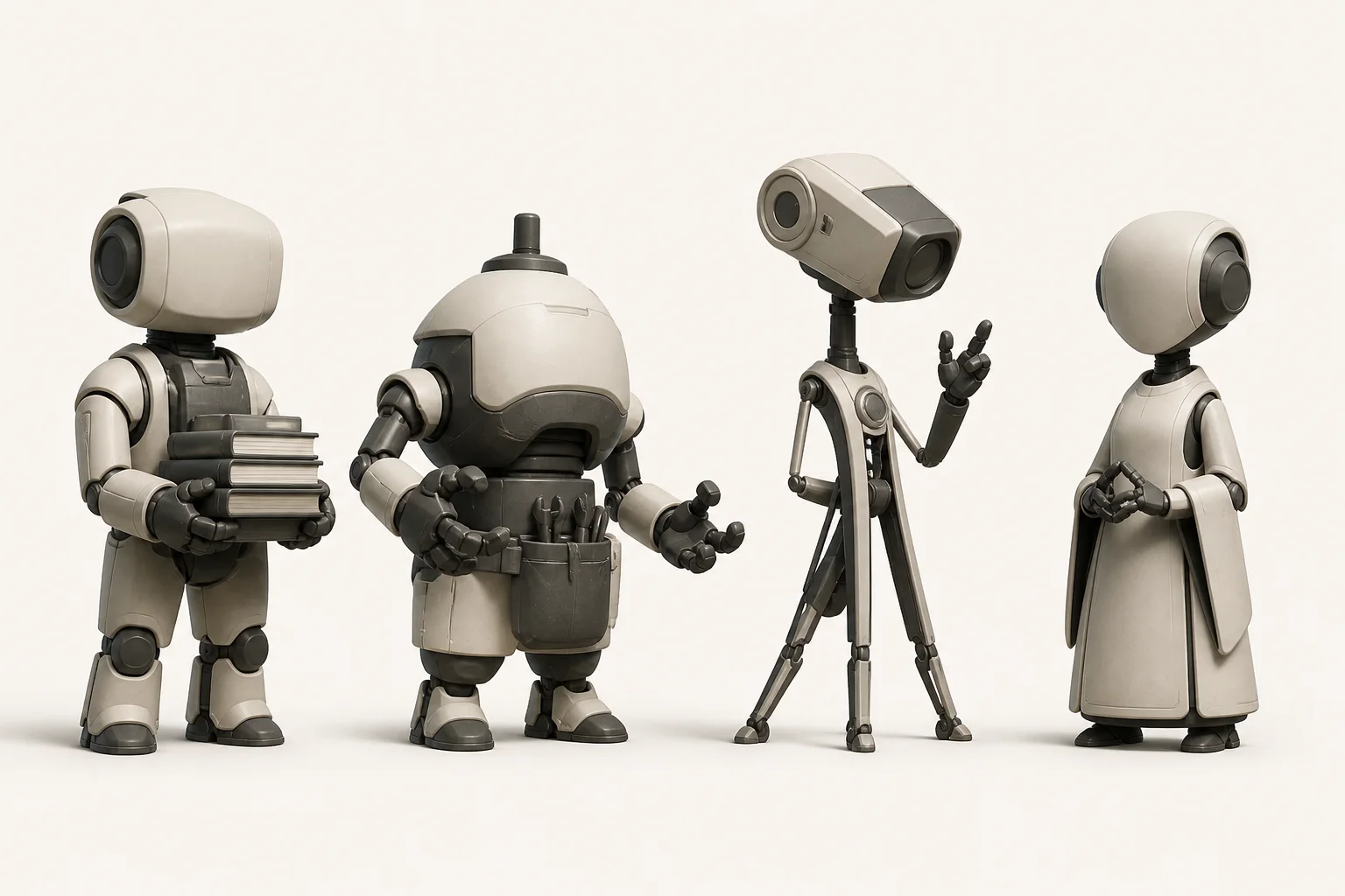 Four short-legged Academy guide robots for books, workshops, observatory learning, and values stewardship