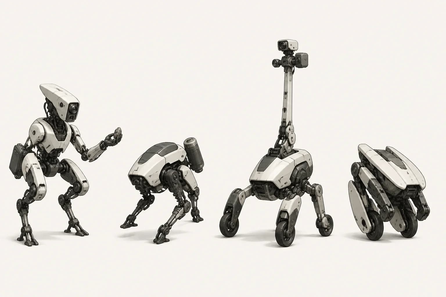 Four agile research scout robot concepts with biped, digitigrade, rolling, and folding mobility