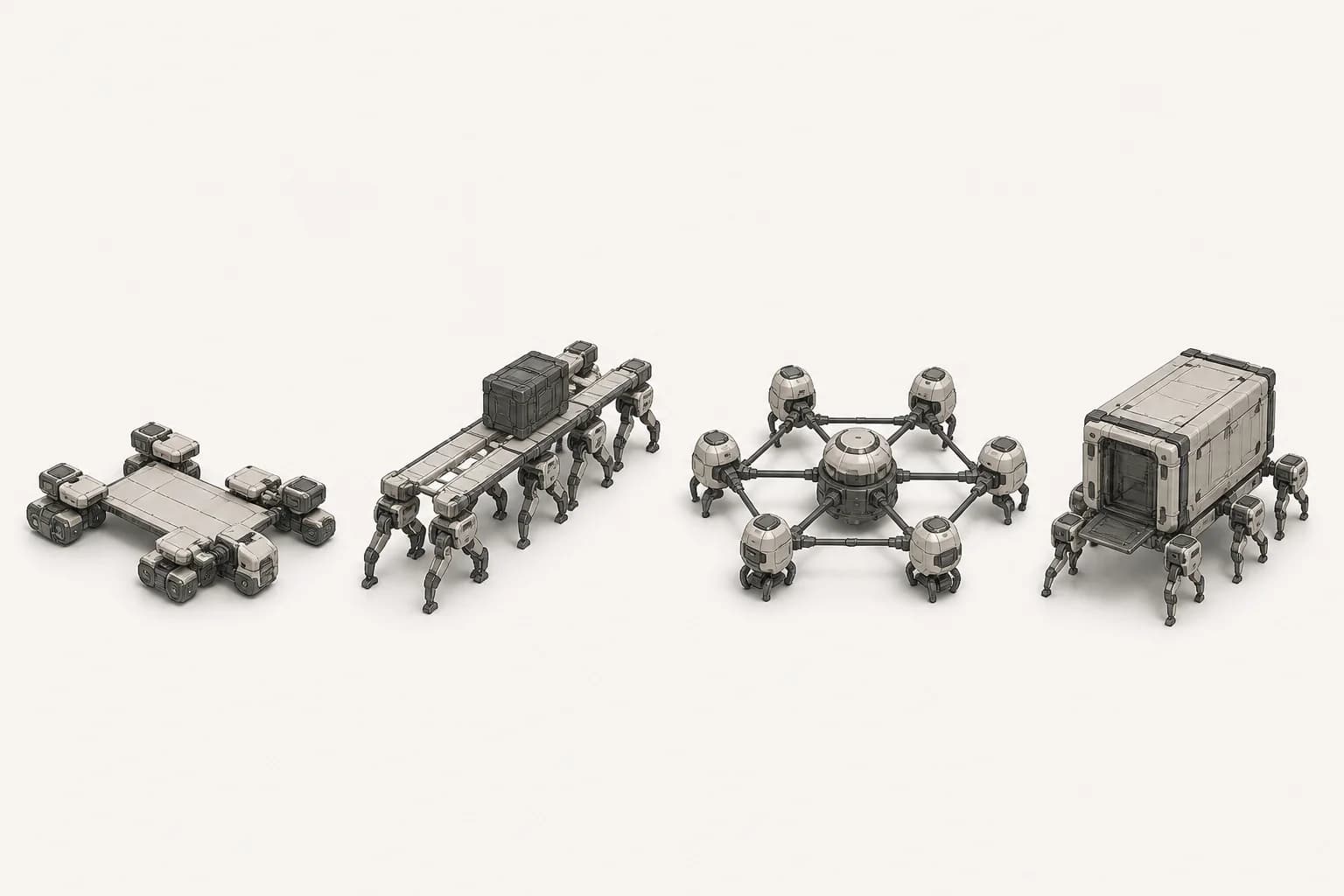 Four small-robot swarm formations including tiles, bridge carriers, a central hub, and a mobile archive