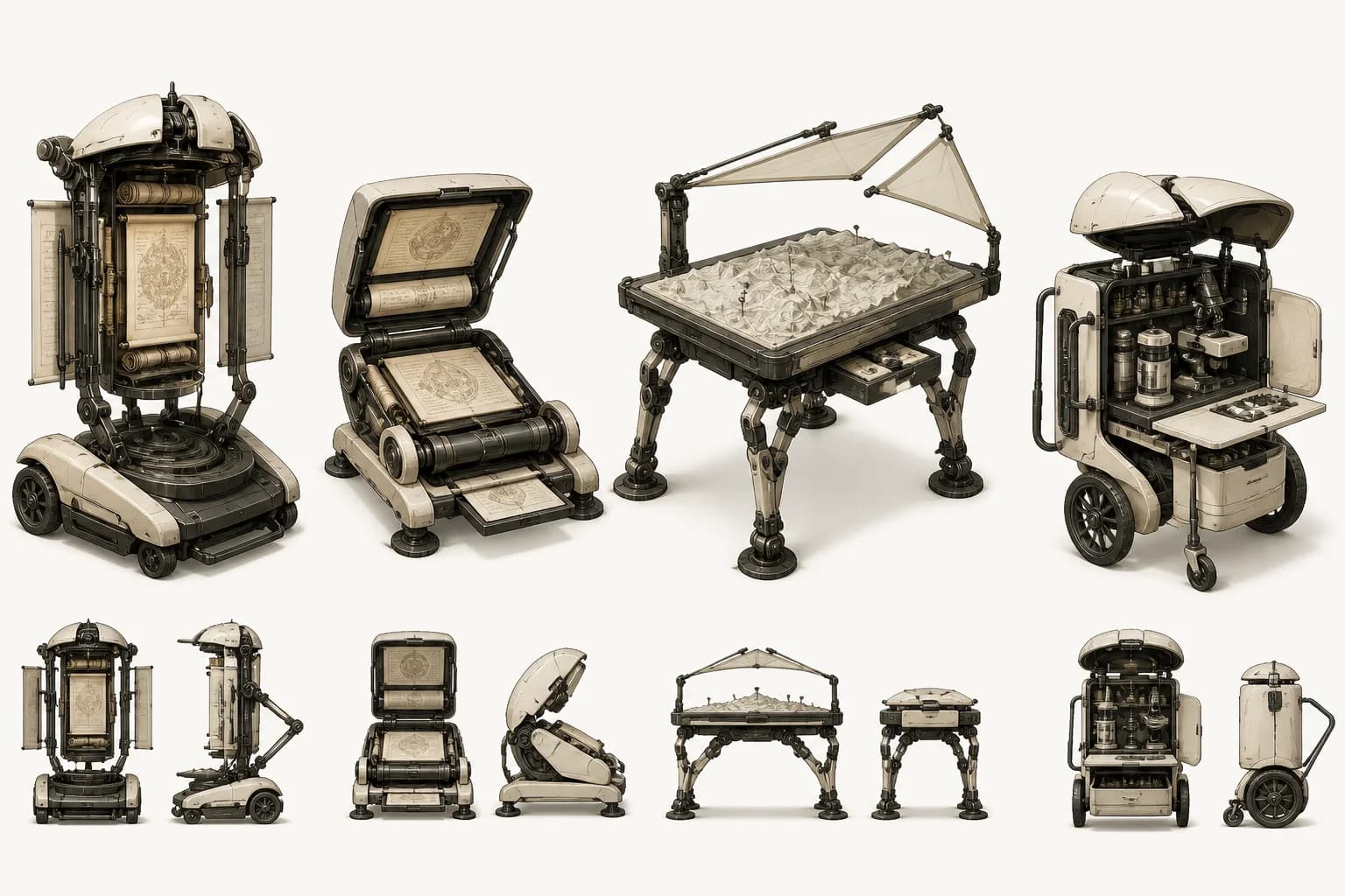 Four non-humanoid agents embodied as an archive instrument, verification press, walking map table, and mobile laboratory