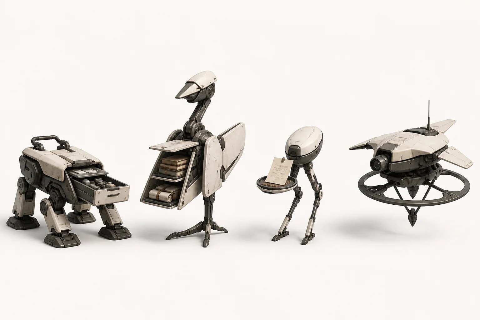 Four functional companion robots including a field helper, book-carrying bird, reminder guide, and hovering scout