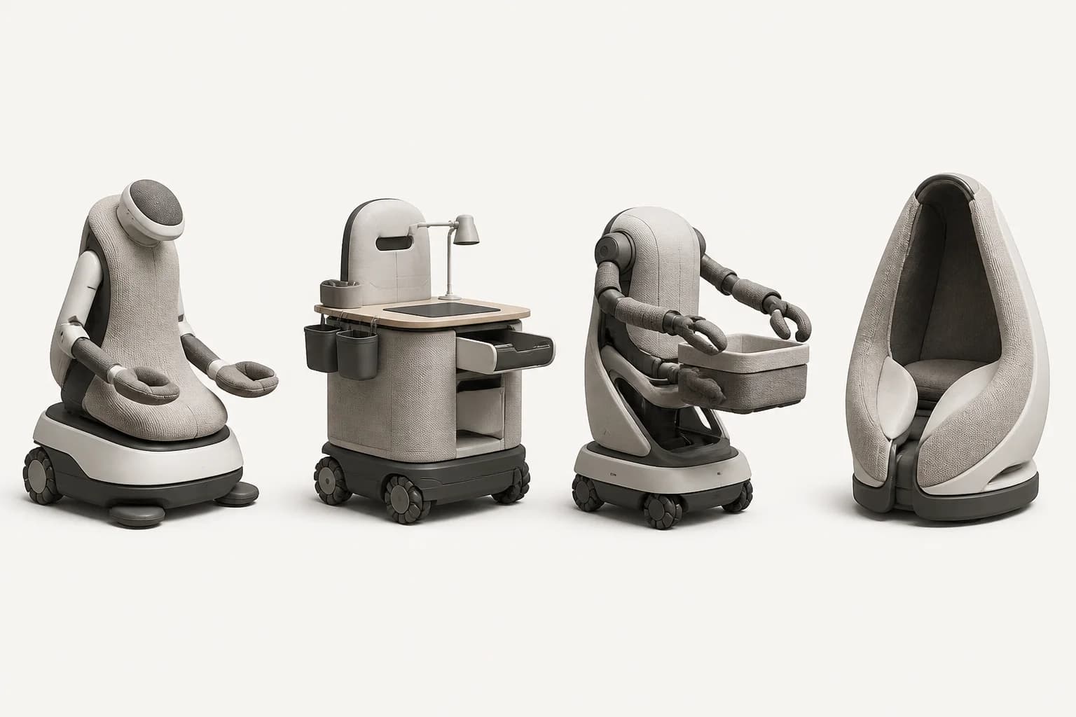 Four soft textile and compliant-robotics concepts for listening, work support, carrying, and recovery