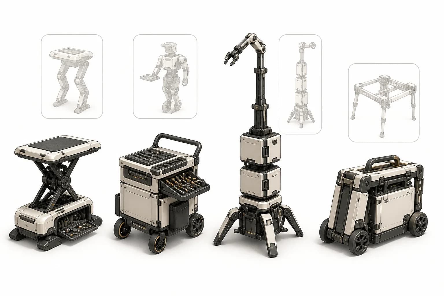 Four modular fabrication robots that transform from benches, carts, stacked modules, and carriers