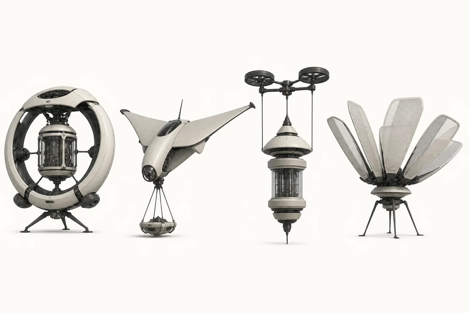 Four aerial knowledge navigator concepts using ring, manta, suspended archive, and folding fan structures