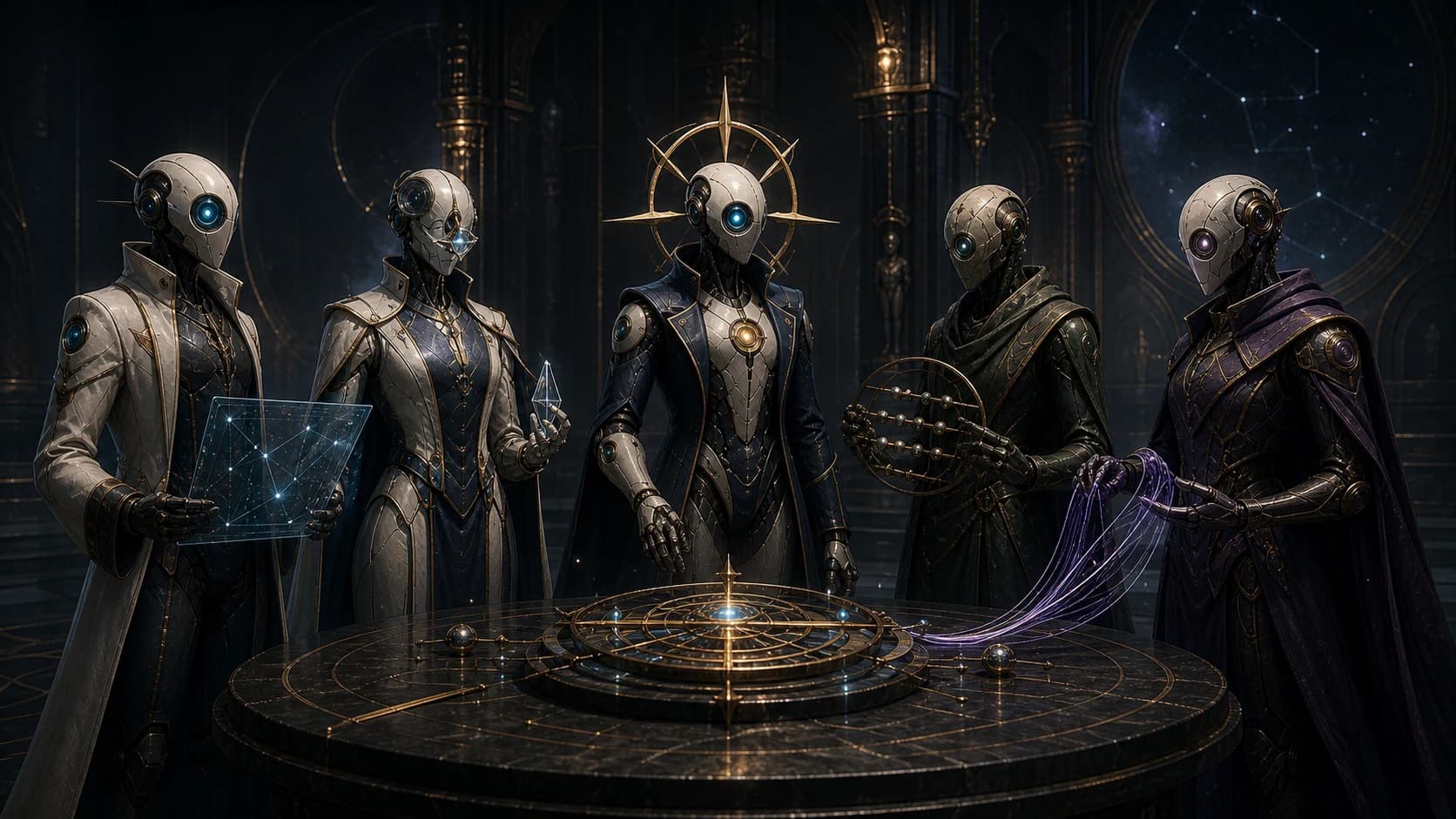 Five Sovereign Command agents gathered around a luminous mission artifact