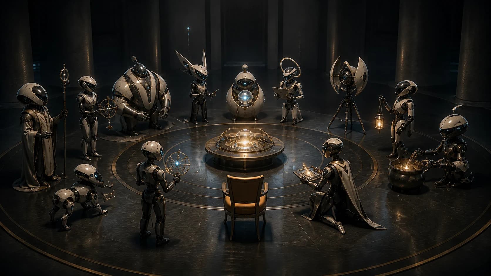 A working council around an empty amber human seat.