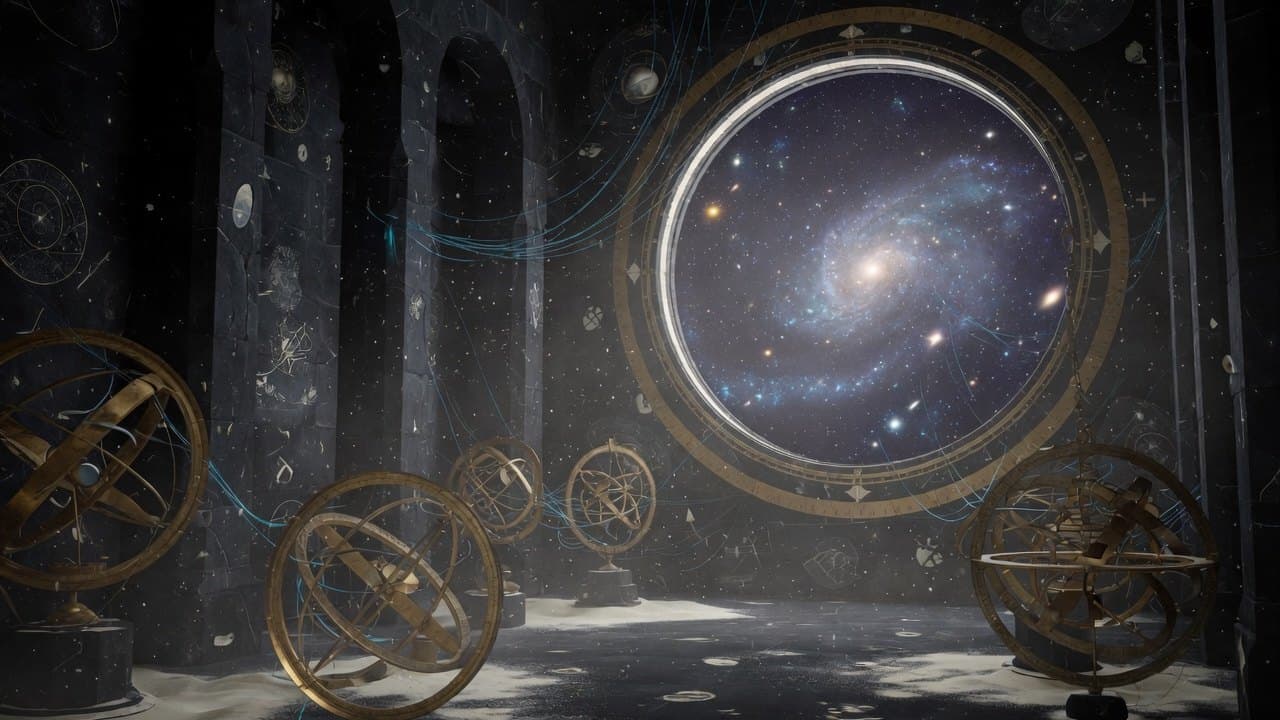 Basalt hall, instrument rings, a living galaxy beyond the circle.