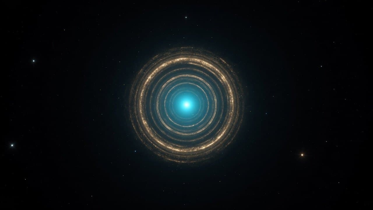 One cyan core, concentric gold rings, crop-safe void.