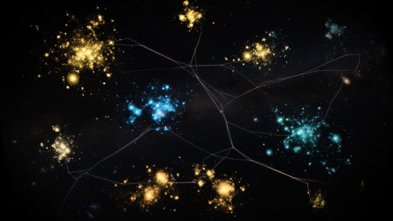 Civilization map of gold and cyan clusters. Graph page atmosphere.
