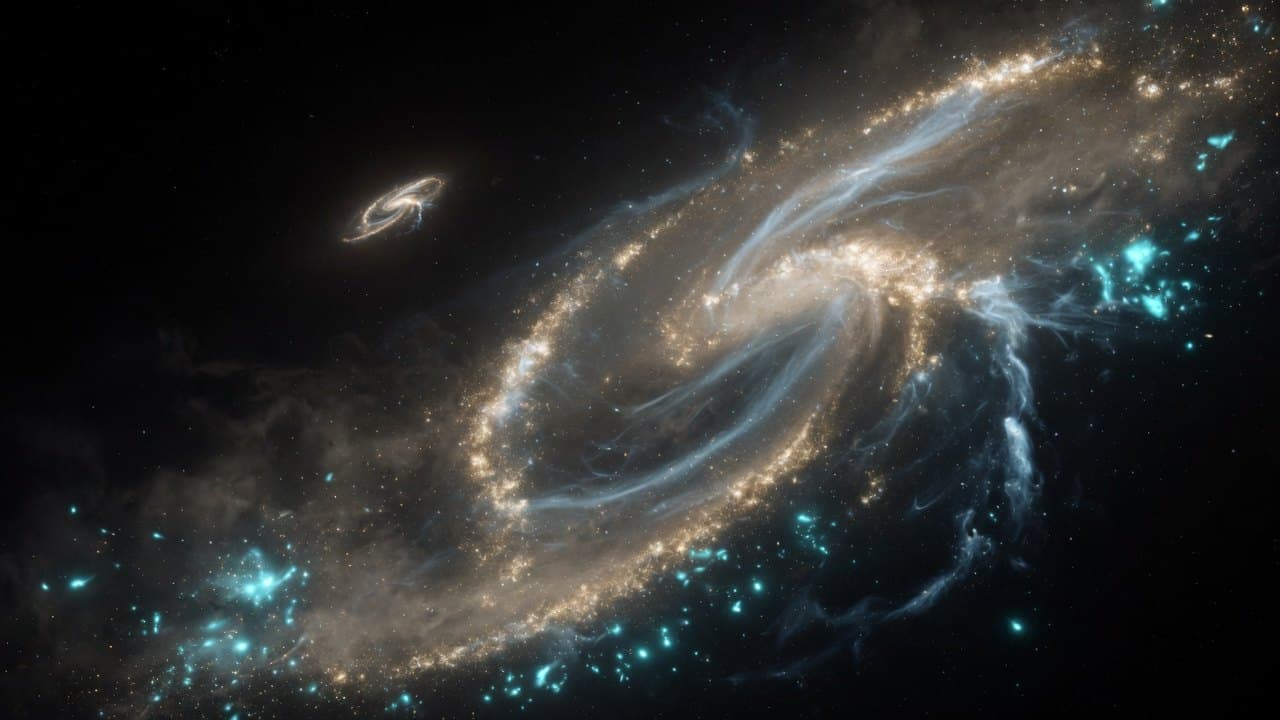 A gold spiral with cyan sparks and a distant companion lantern.