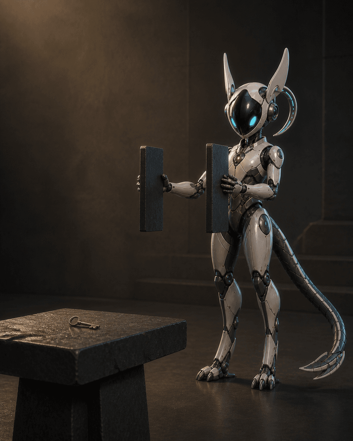 Aster holds two dark decision slabs apart while a human-owned key rests separately on a stone table.