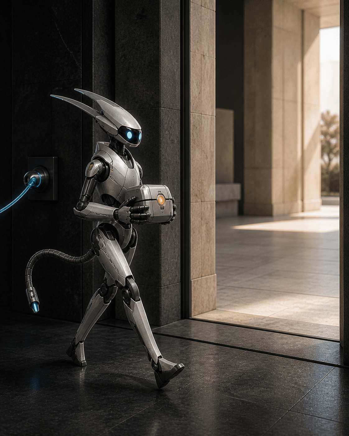Kite carries a sealed context packet toward an open limestone room while a released cyan cable remains at the source wall.