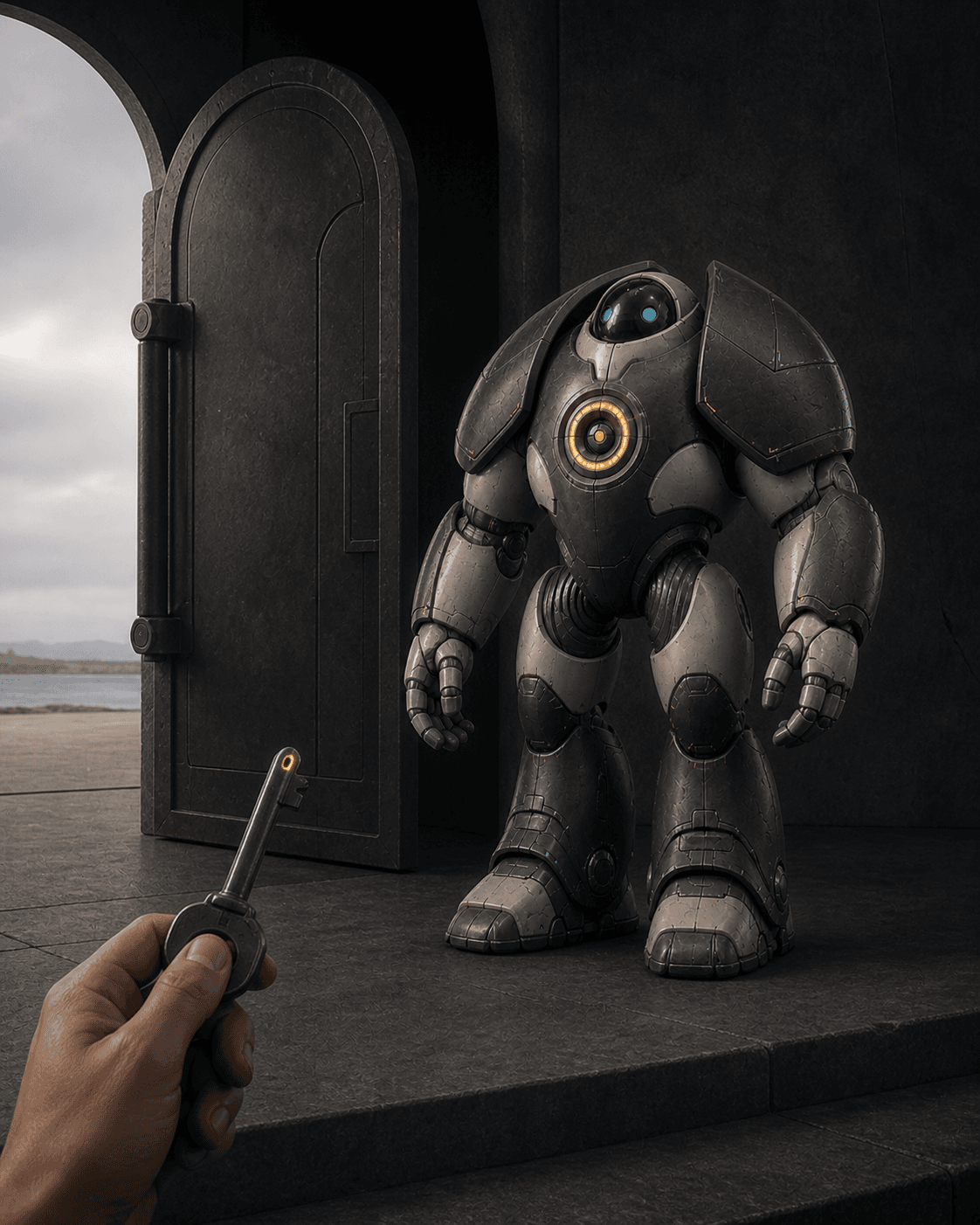 Bastion stands with empty hands beside an open gate while a human hand holds the only mechanical key in the foreground.