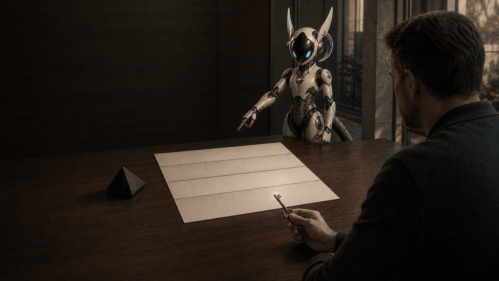 A founder holds a mechanical key over a five-band system brief while Aster points from the far side of the table.