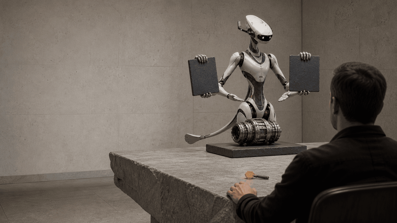 Veyra presents two evidence slates and one component across a stone table while a seated operator waits beside an unturned key.
