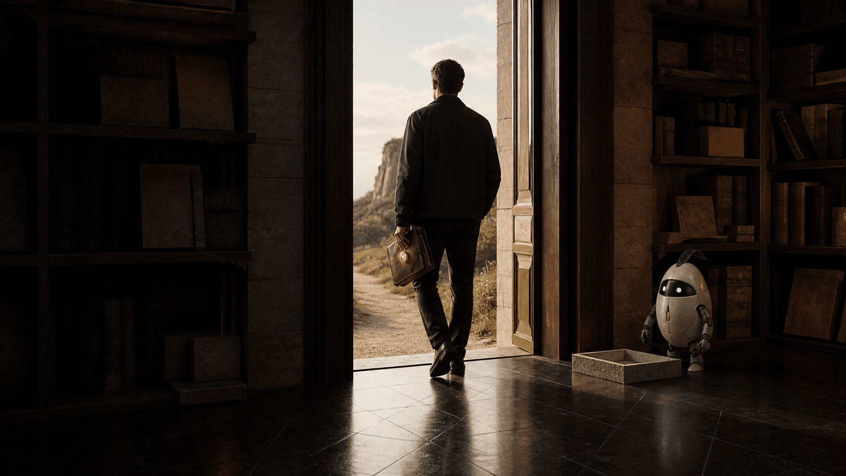 An operator walks through an open archive door carrying a sealed folio while Luma remains inside beside an empty return tray.