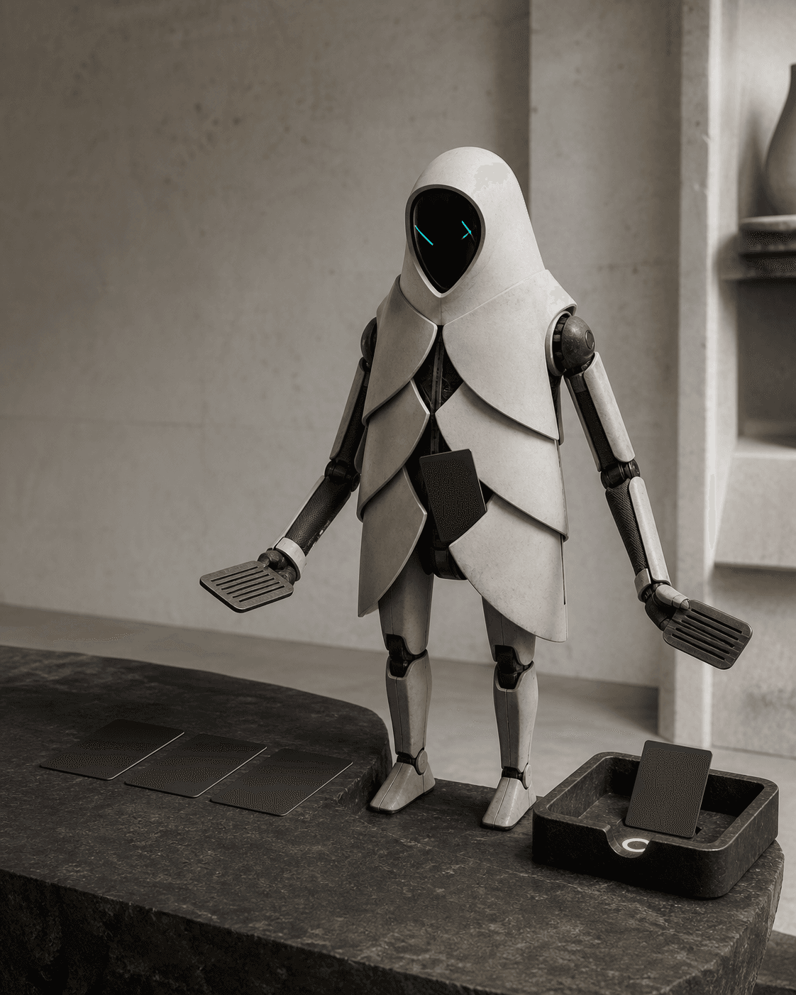 Sable, a hooded pale-mineral privacy steward, sorts blank dark cards beside a separate human-return tray.