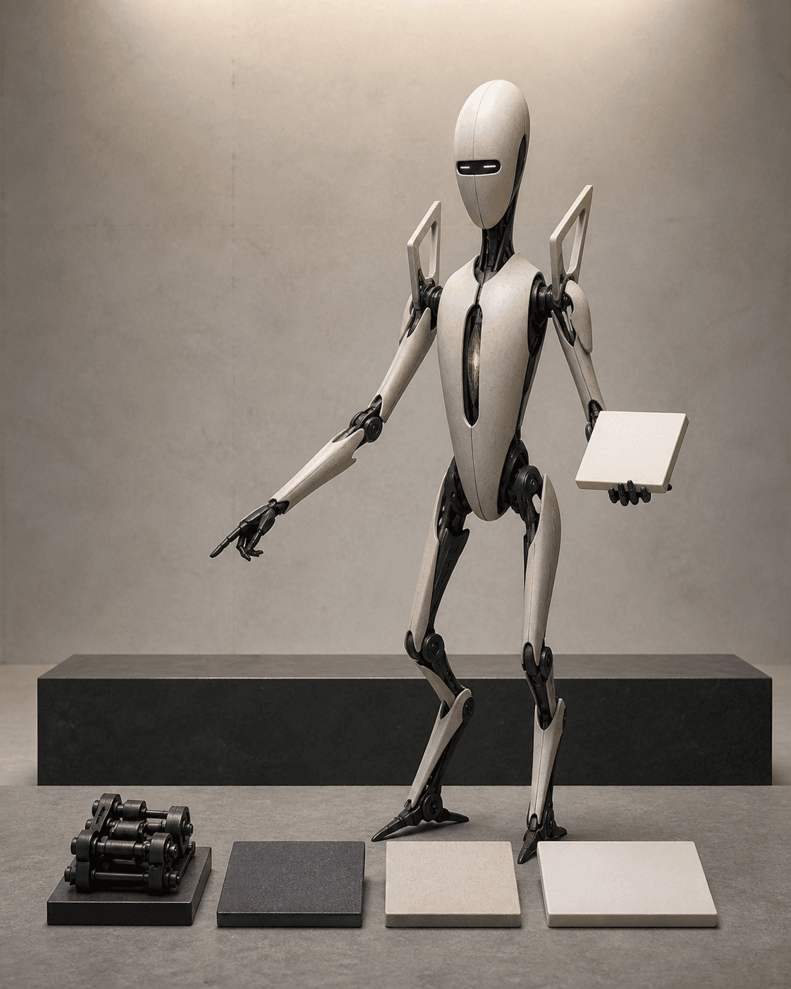 Tall mineral Oriel holds a blank pale explanation tile beside a graphite mechanism and staged material panels.