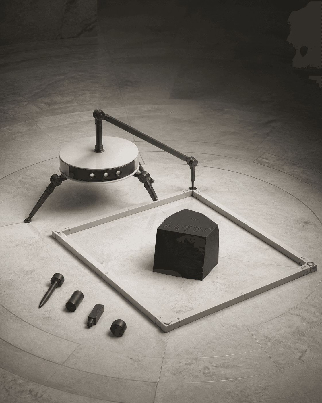 Tripod scope cartographer Noma places a pale rectangular boundary around one dark task object while four parts remain outside.
