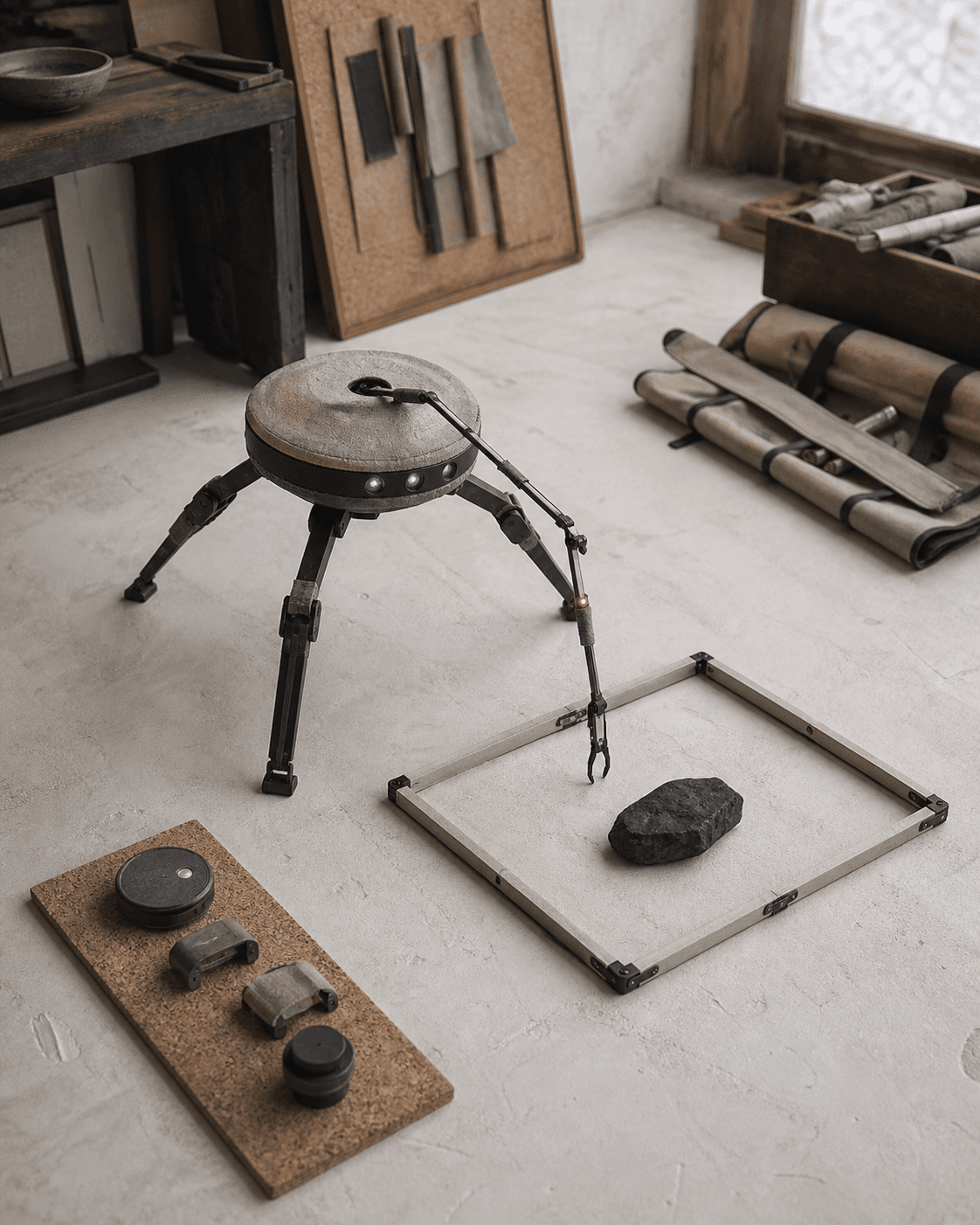 Three-legged Noma surveys a folding boundary around one task stone while four unused components remain on cork outside it.