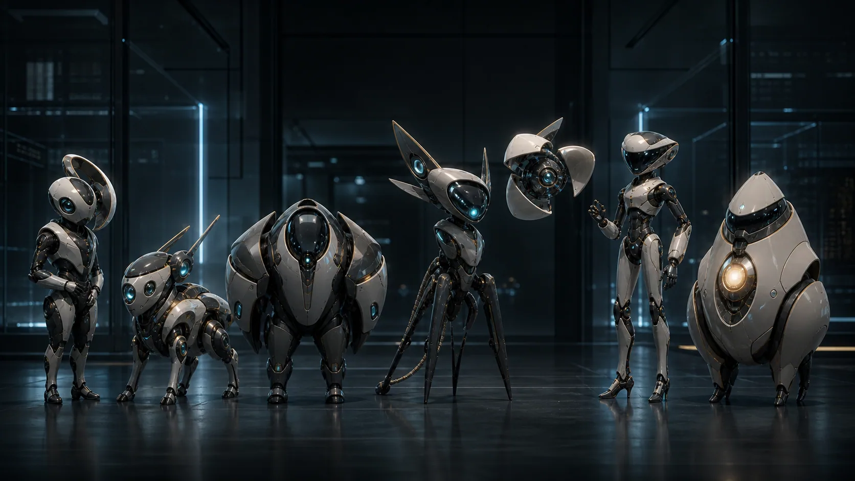 Seven porcelain Starlight agents assembled in a sovereign basalt archive