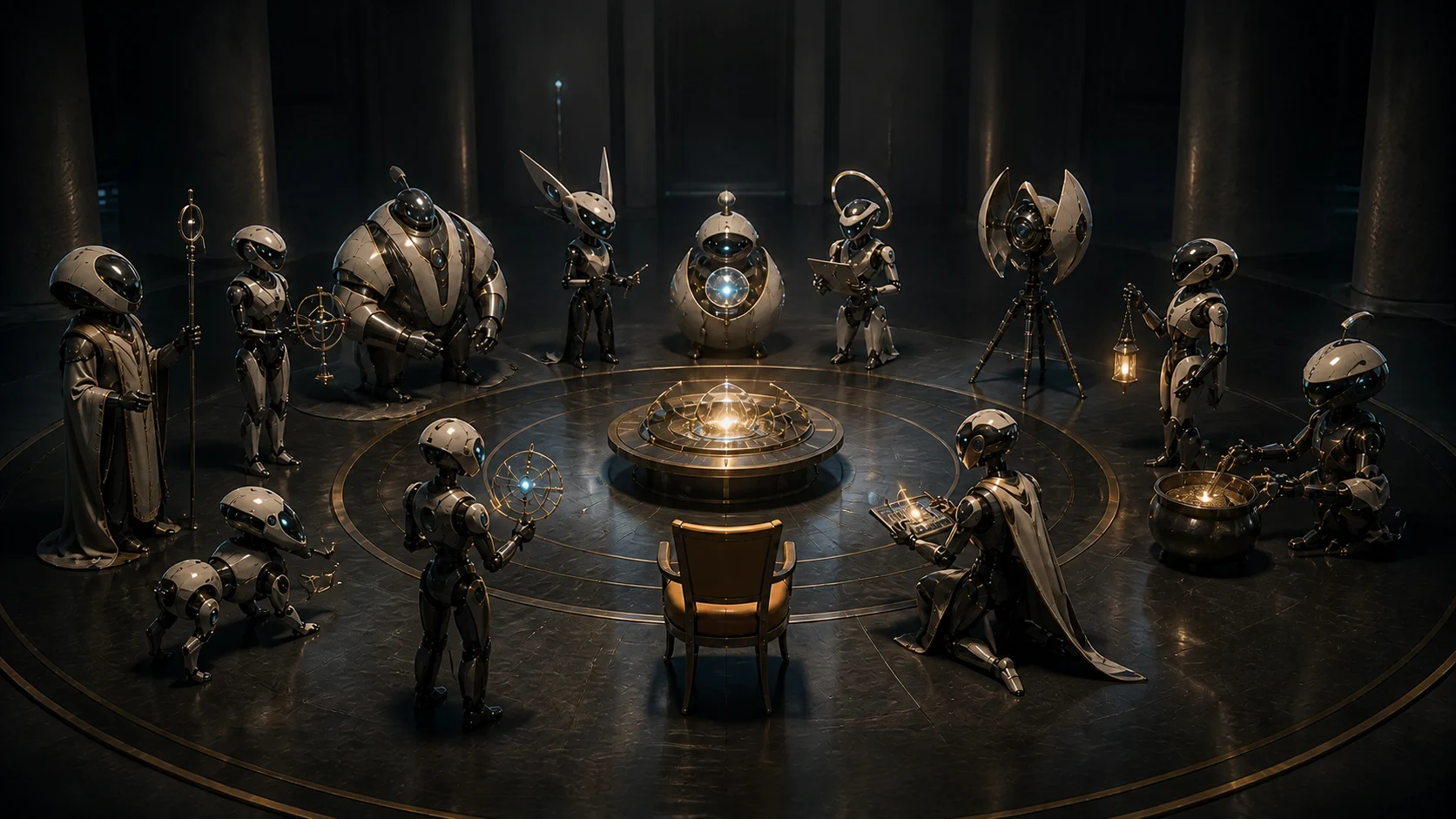 Twelve distinct synthetic servant-leaders gathered around a shared luminous artifact and an empty amber human-authority seat